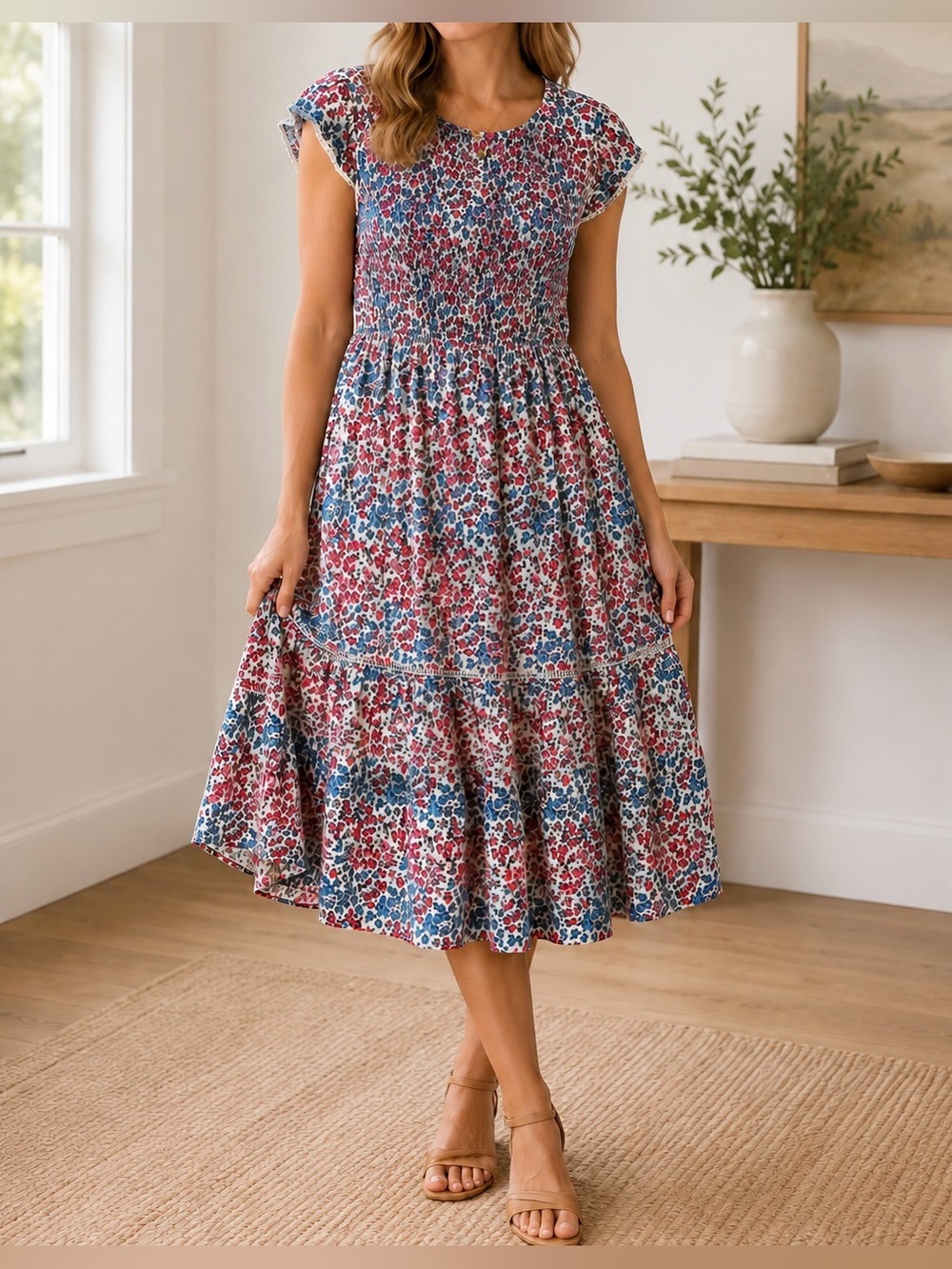 Lost + Wander Blue & Pink Floral Smocked Midi Dress - Size M